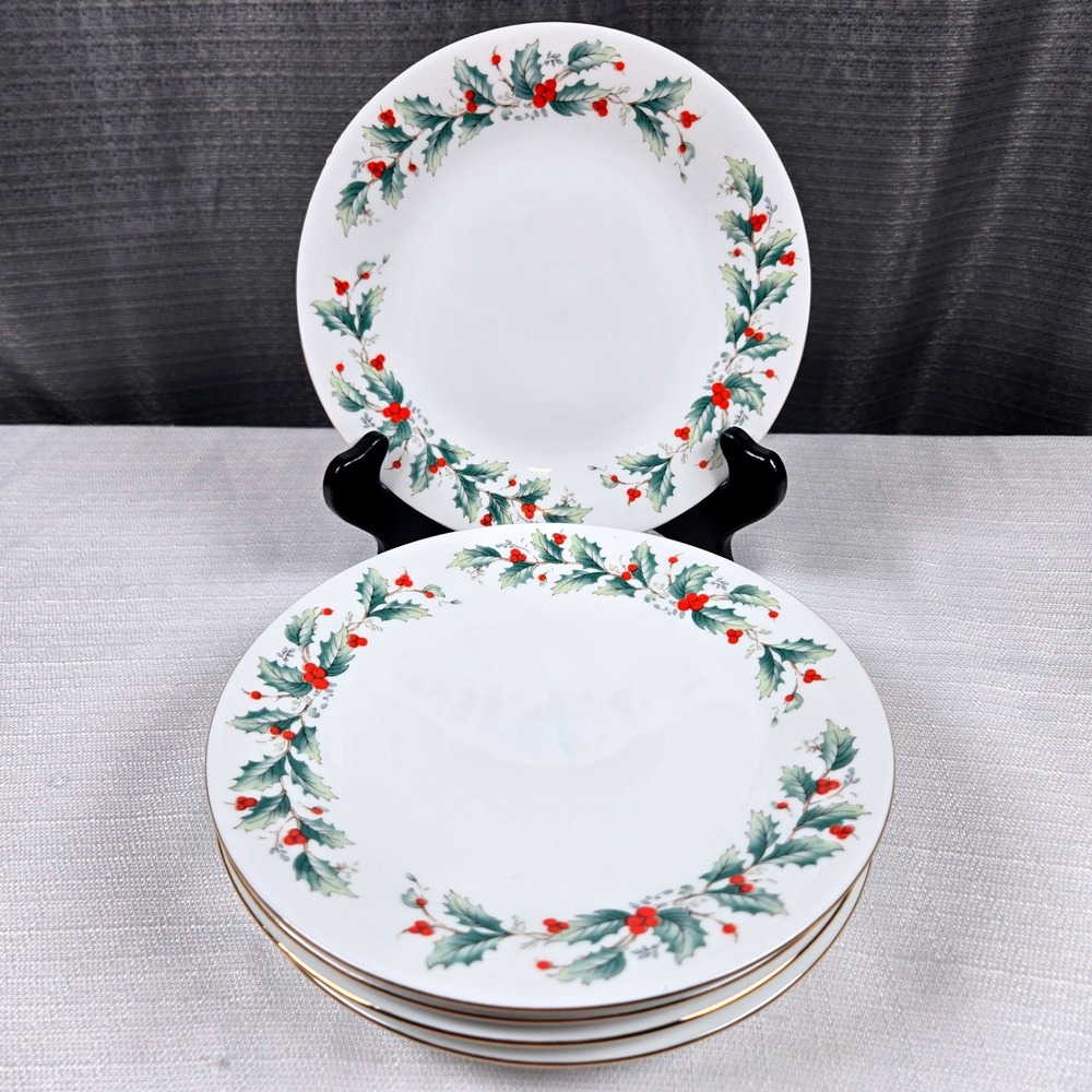 China Pearl Noel Fine China Salad Plates Set of 6 Christmas Holly Berry 7.5"
